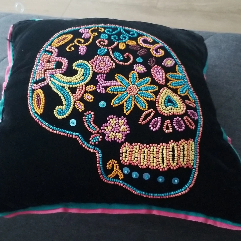 Black Velvet Beaded Sugar Skull Day of the Dead Accent Pillow